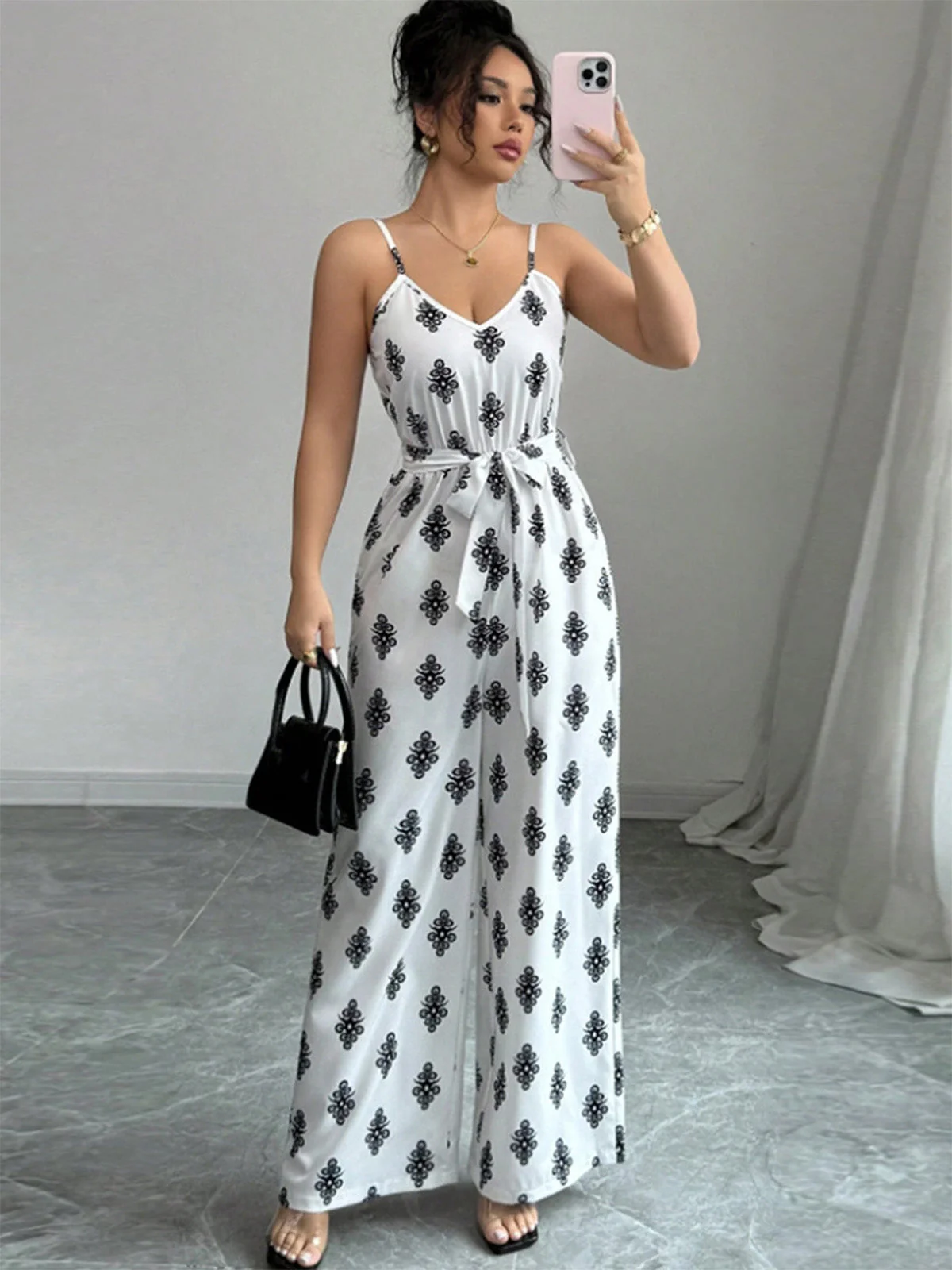 White 1970s V-Neck Damask Print Belted Jumpsuit - Image 6