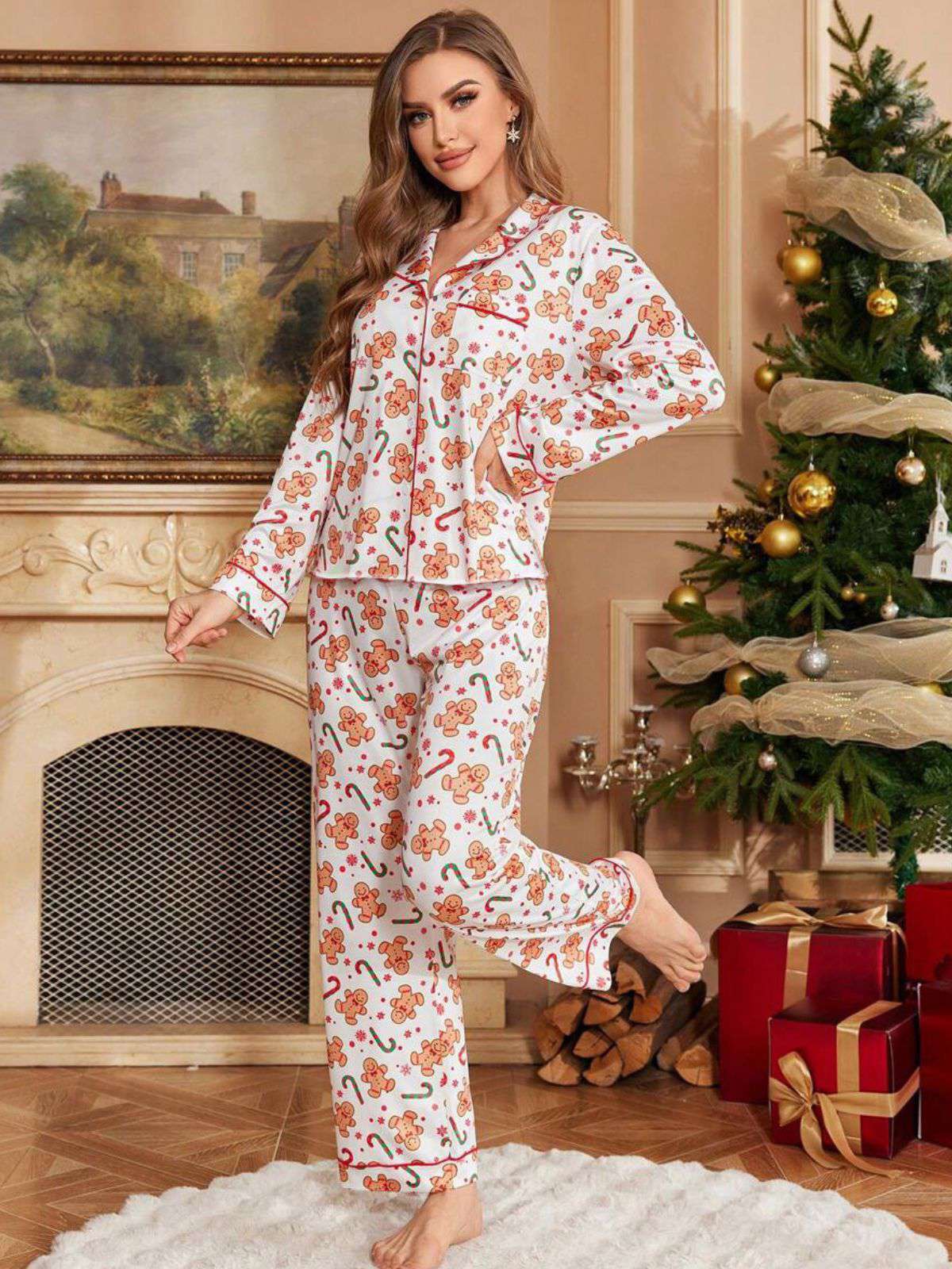 White 1980s Gingerbread Candy Cane Christmas Pajama Set