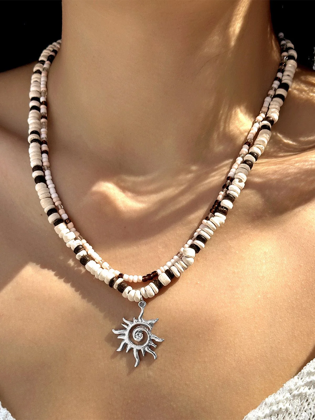White & Brown Beaded Sun Pendant Layered Necklace