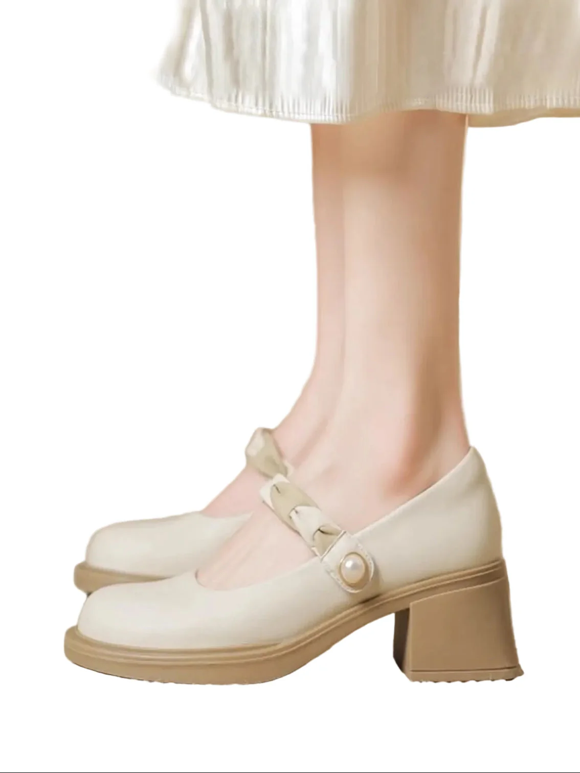 White Round Toe Chunky Heels Shoes