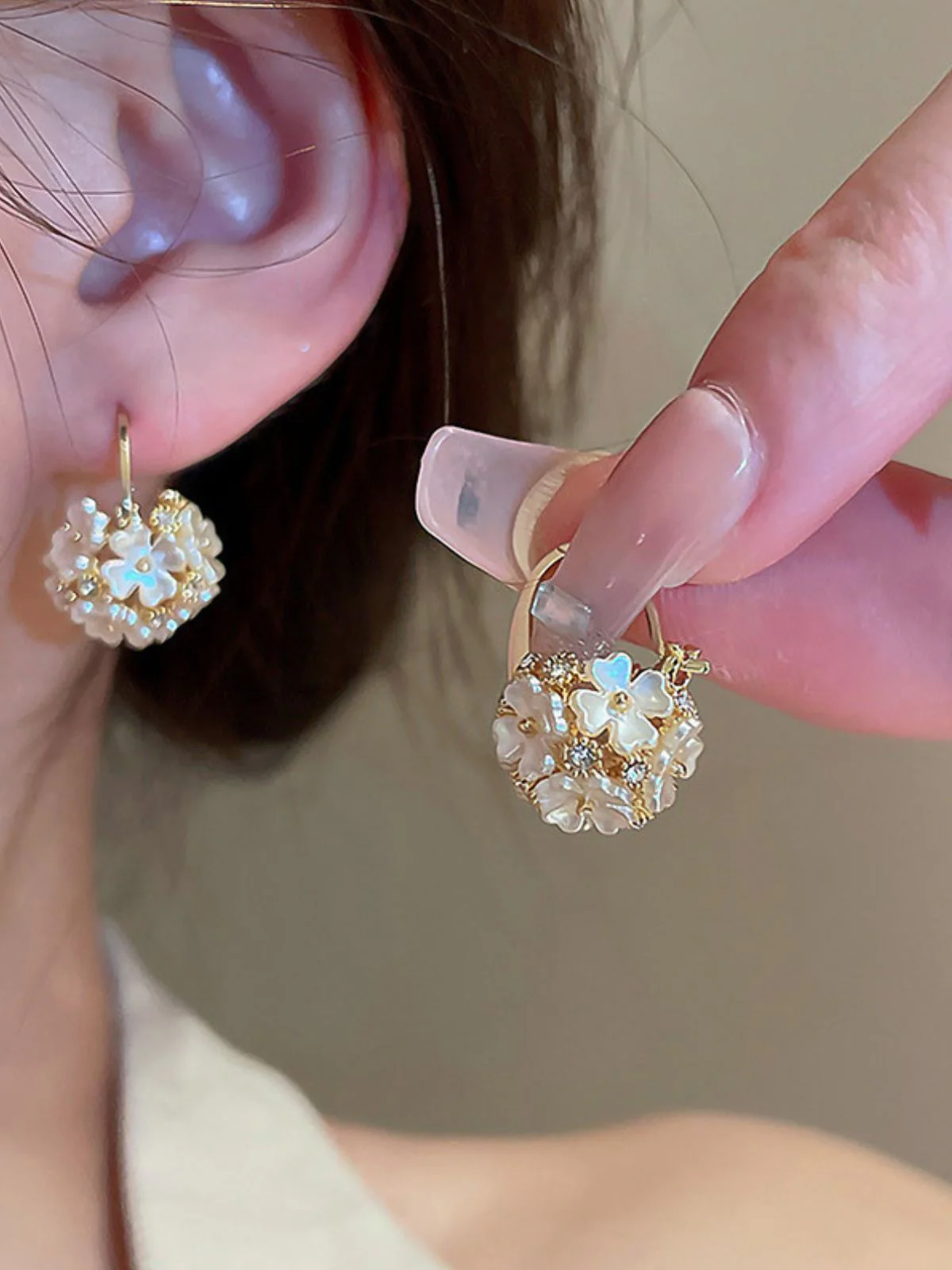 White Vintage Flower Cluster Crystal Huggie Earrings
