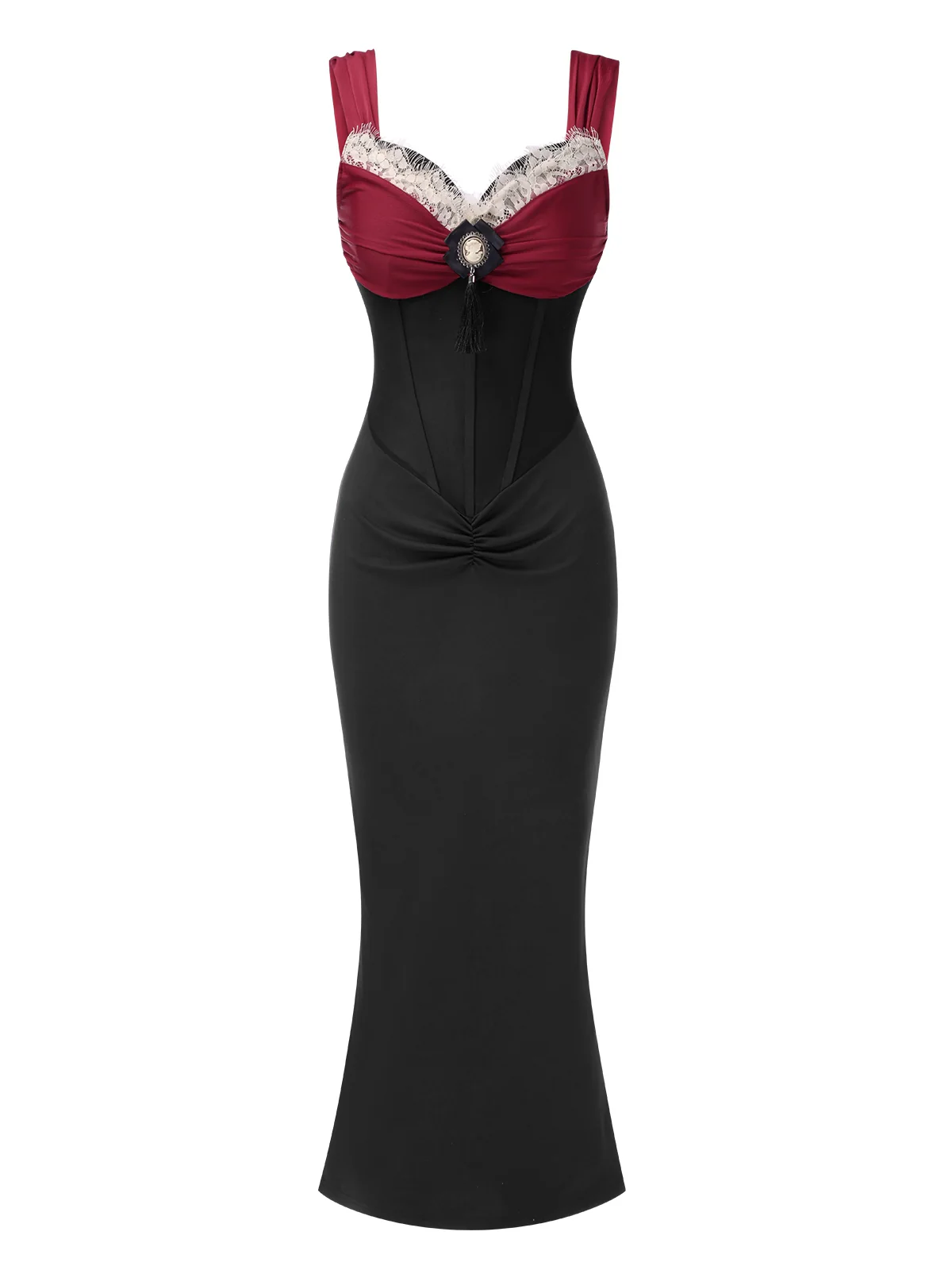 Wine Red 1930s Contrast Fishbone Mermaid Dress