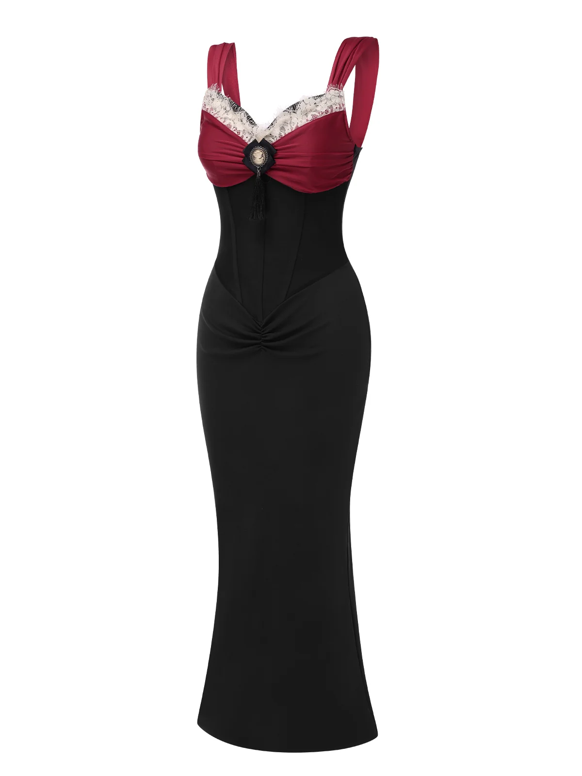 Wine Red 1930s Contrast Fishbone Mermaid Dress - Image 2