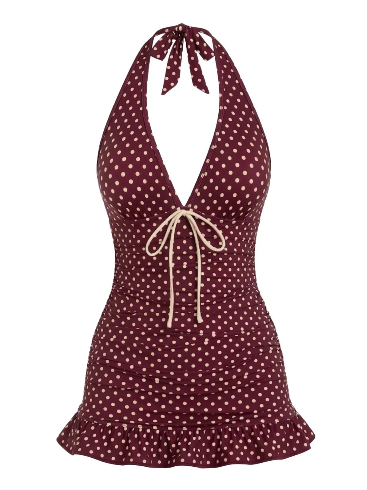 Wine Red 1940s Bow Polka Dot Halter Ruched Swimdress