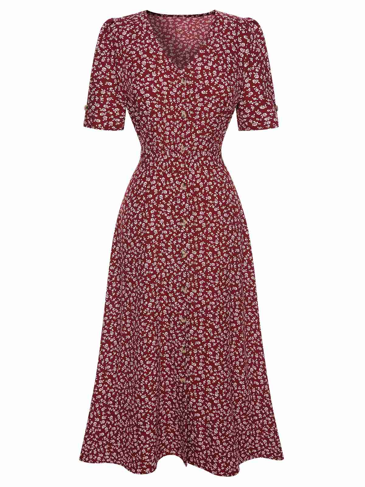 Wine Red 1940s V-Neck Ditsy Floral Dress - Image 2