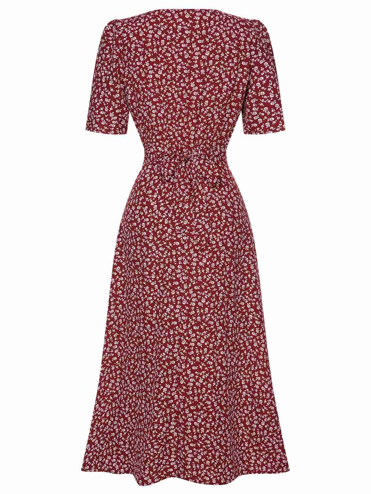 Wine Red 1940s V-Neck Ditsy Floral Dress - Image 3
