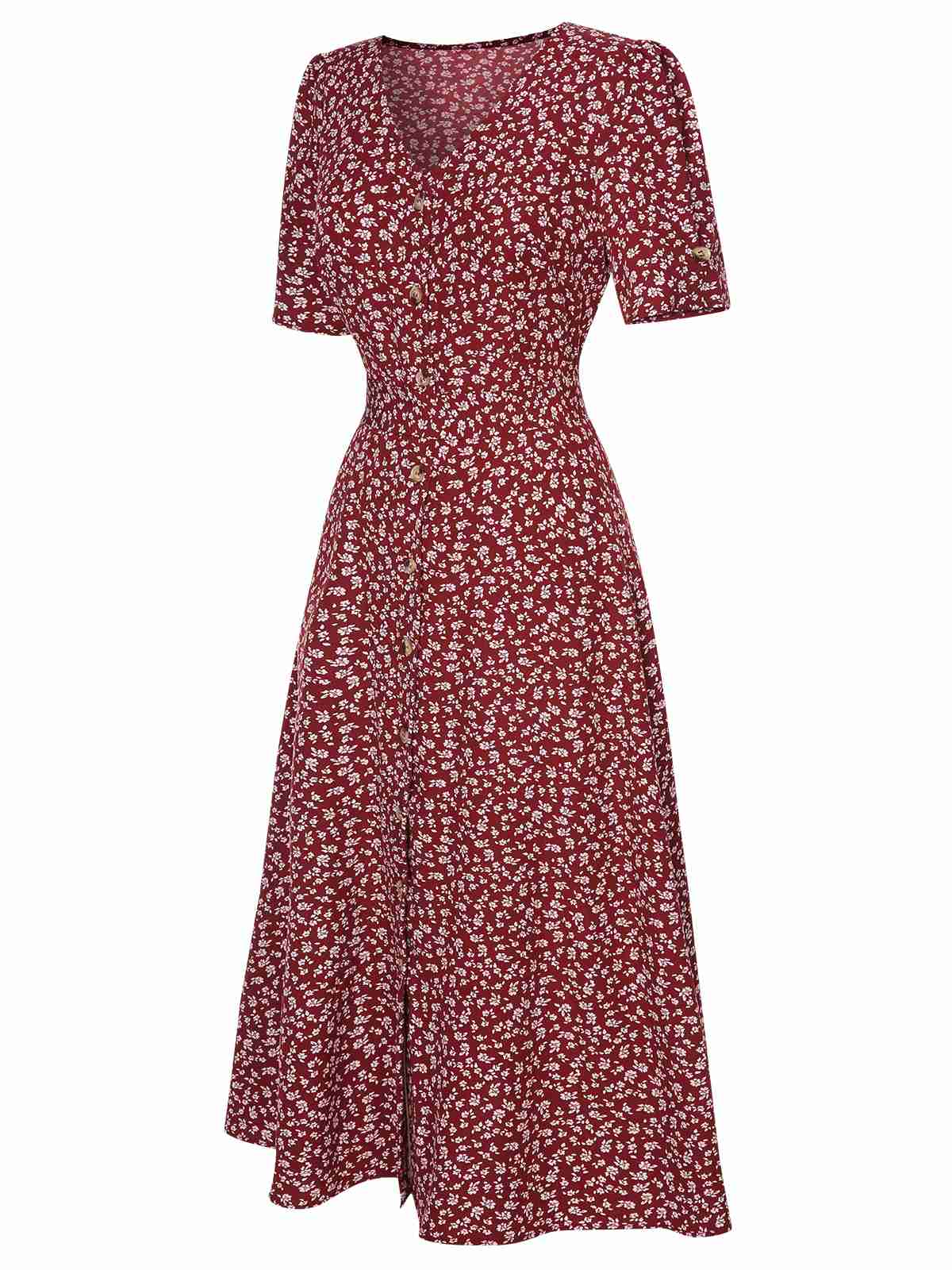 Wine Red 1940s V-Neck Ditsy Floral Dress - Image 4