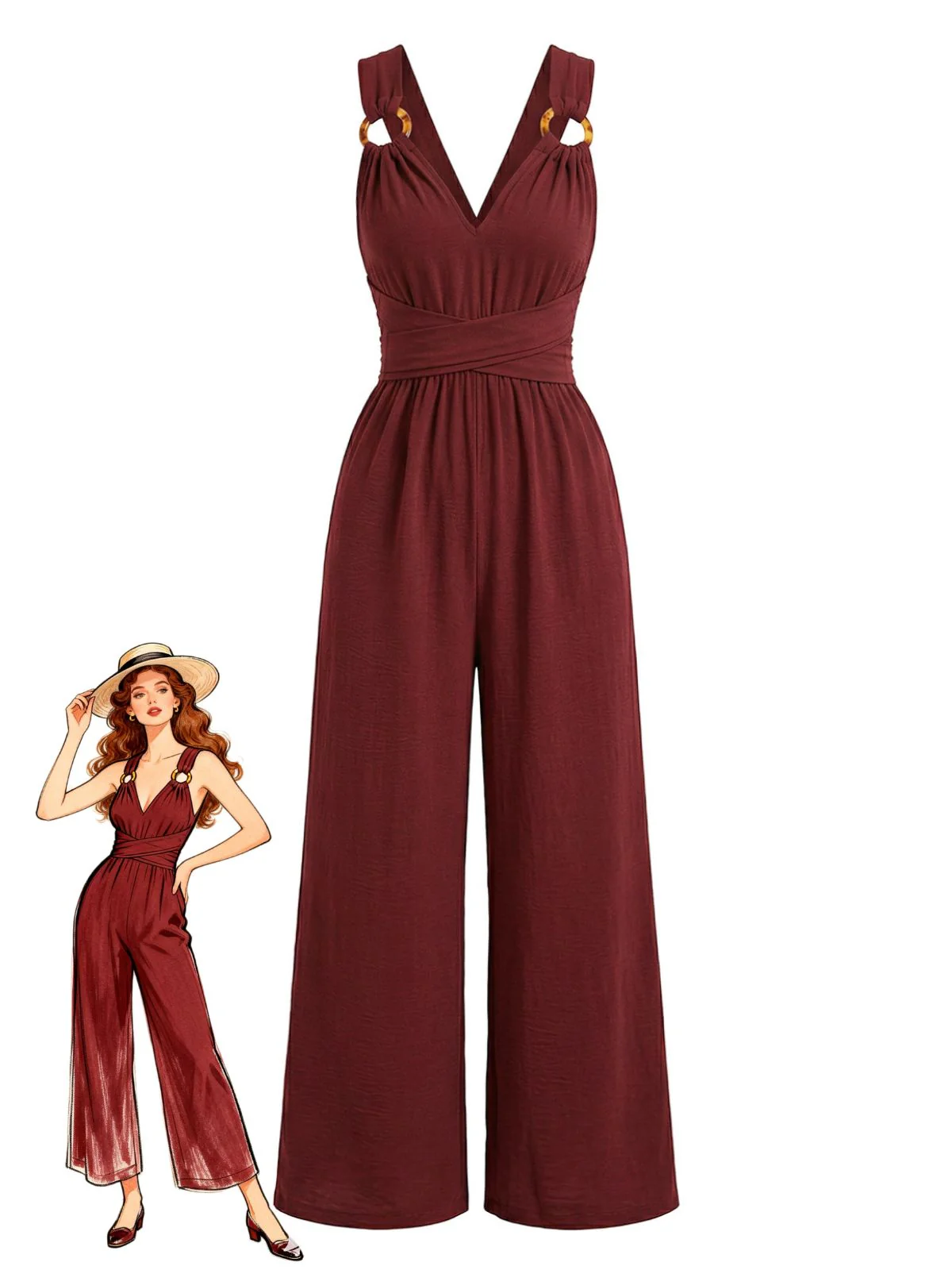 Wine Red 1950s Backless Tie High Waist Jumpsuit