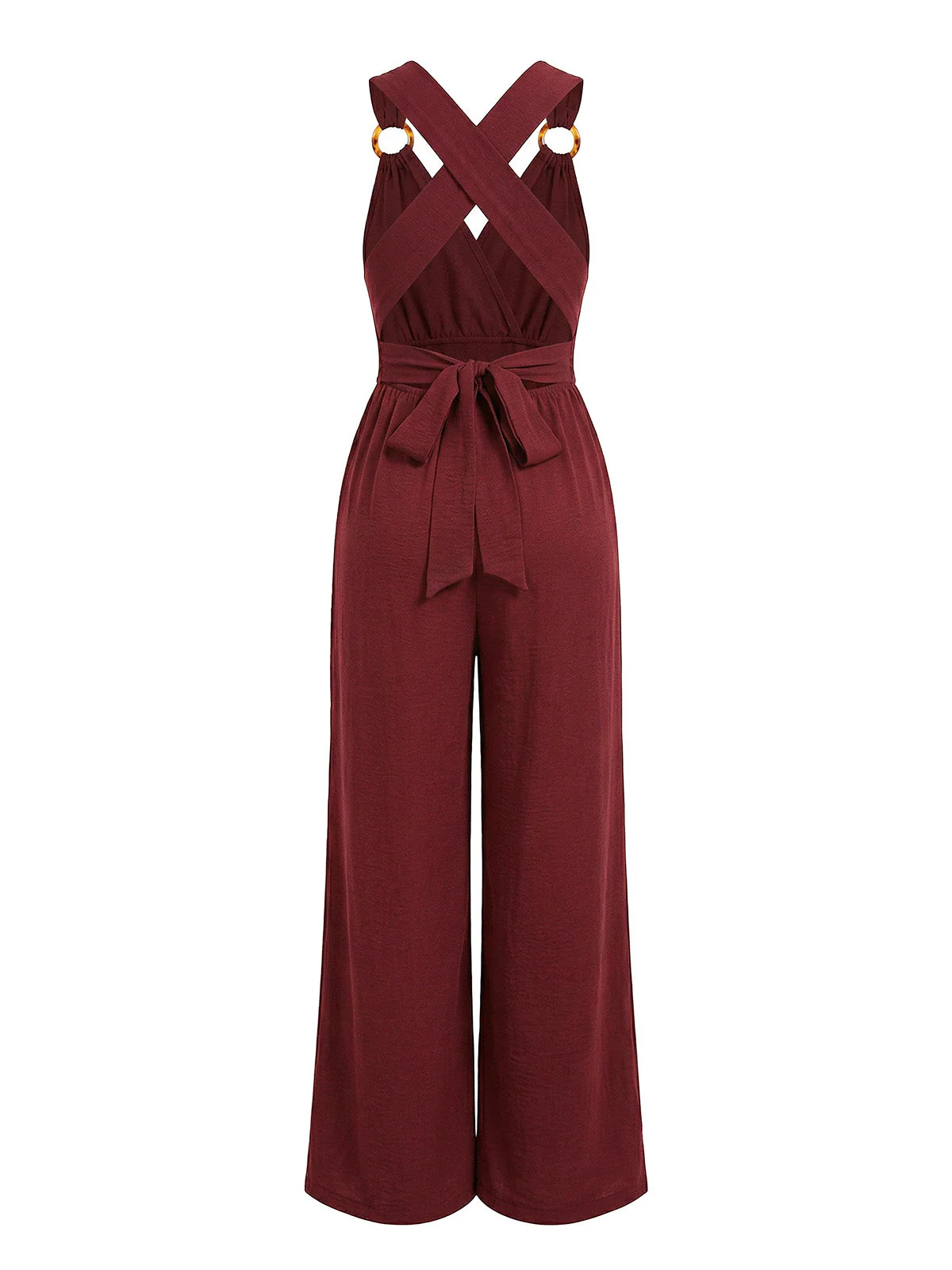 Wine Red 1950s Backless Tie High Waist Jumpsuit - Image 3
