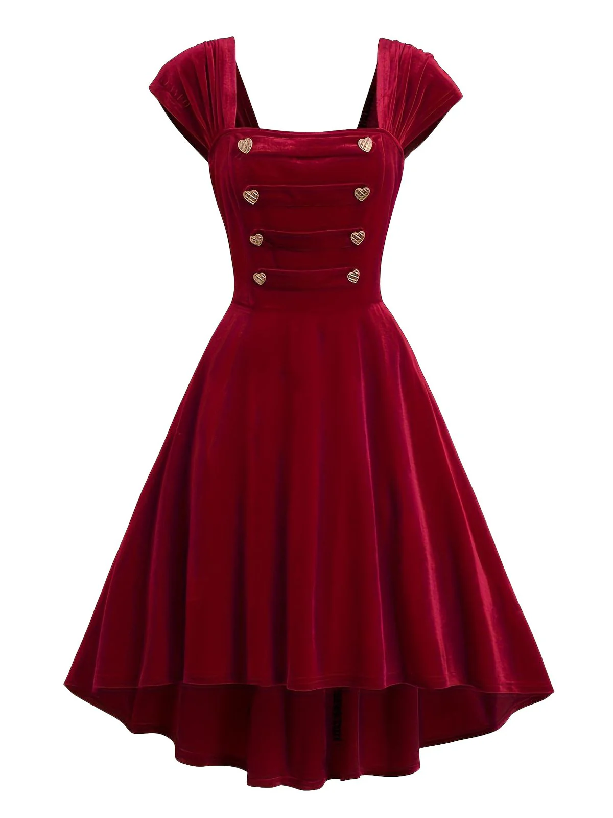 Wine Red 1950s Velvet Heart Button Solid Dress