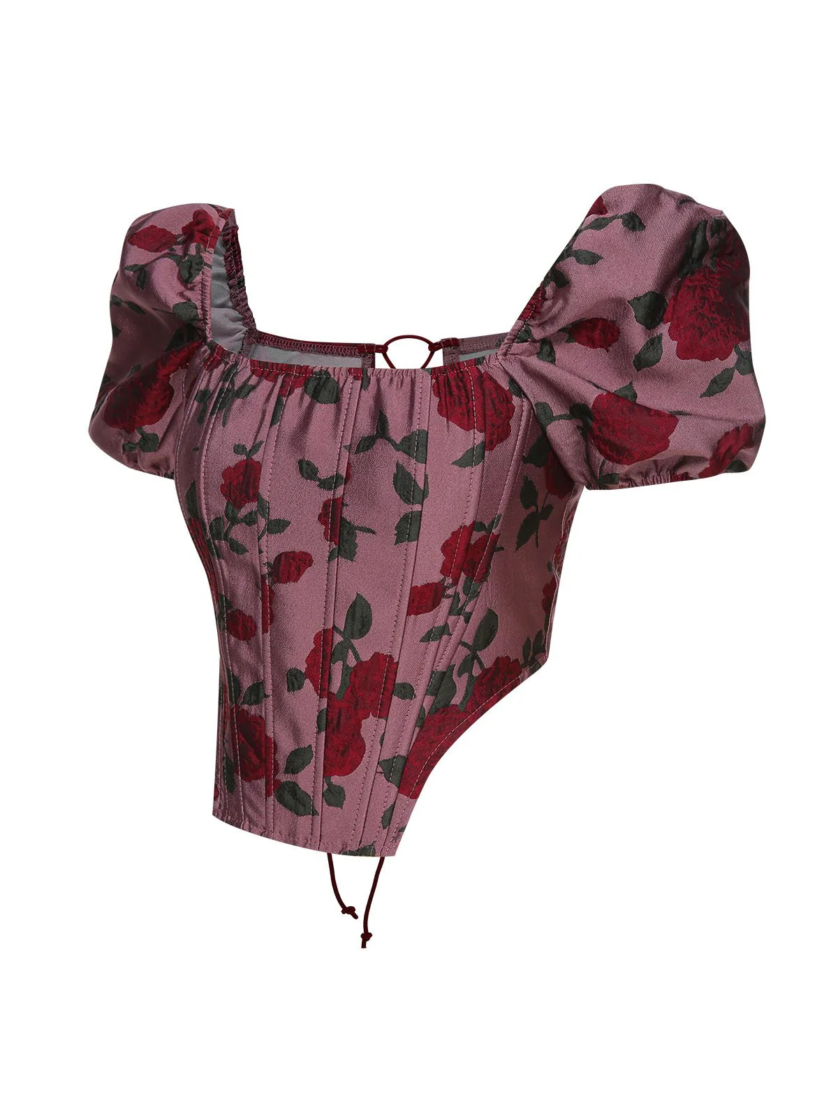Wine Red 1950s Rose Puff Sleeves Top - Image 3