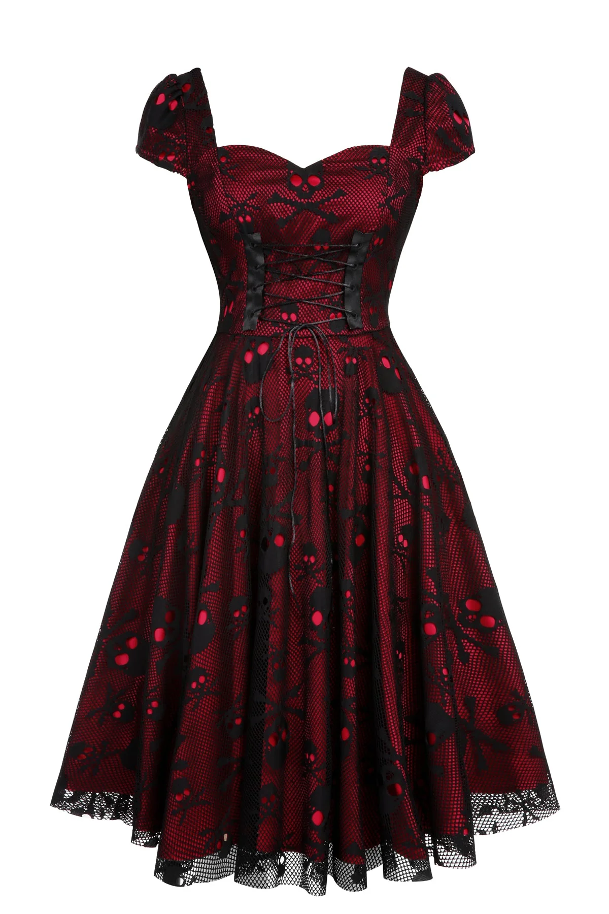 Wine Red 1950s Skull Mesh Swing Dress - Image 3