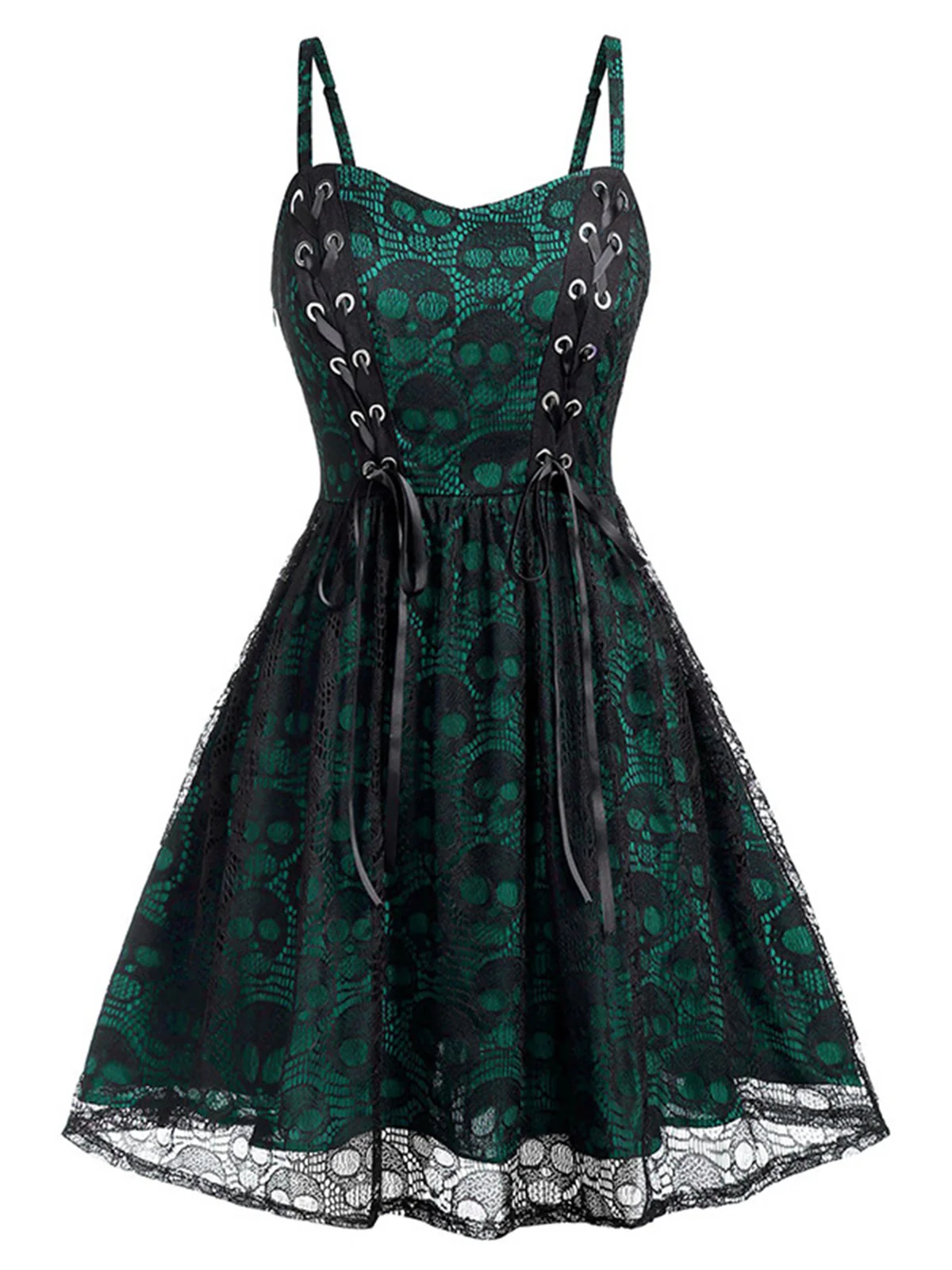 Wine Red 1980s Skull Pattern Gothic Style Dress - Image 9
