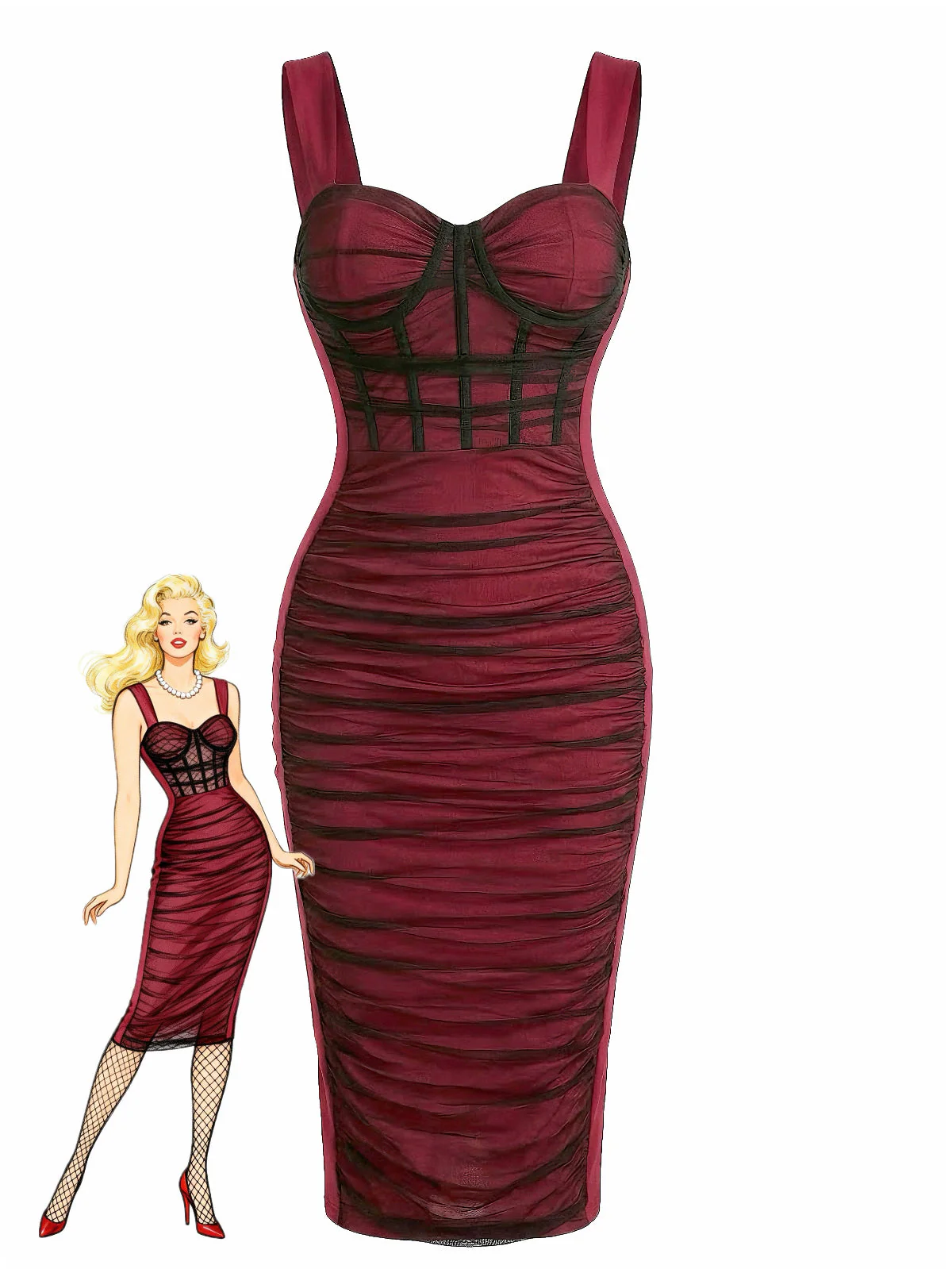Wine Red 1960s Color Block Bodycon Ruched Mesh Dress