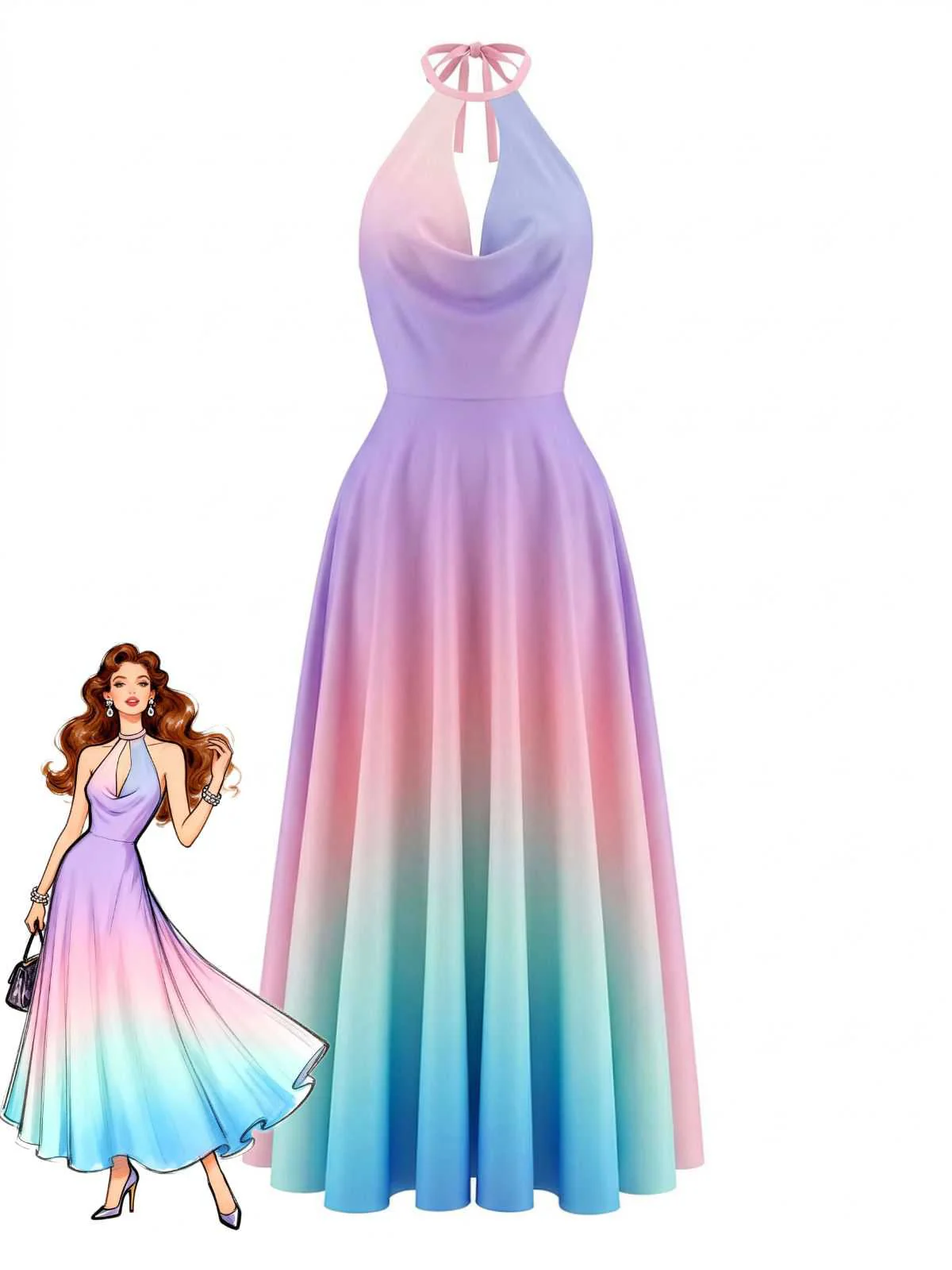 Y2K Cowl Neck Halter Sleeveless Gradient Dress