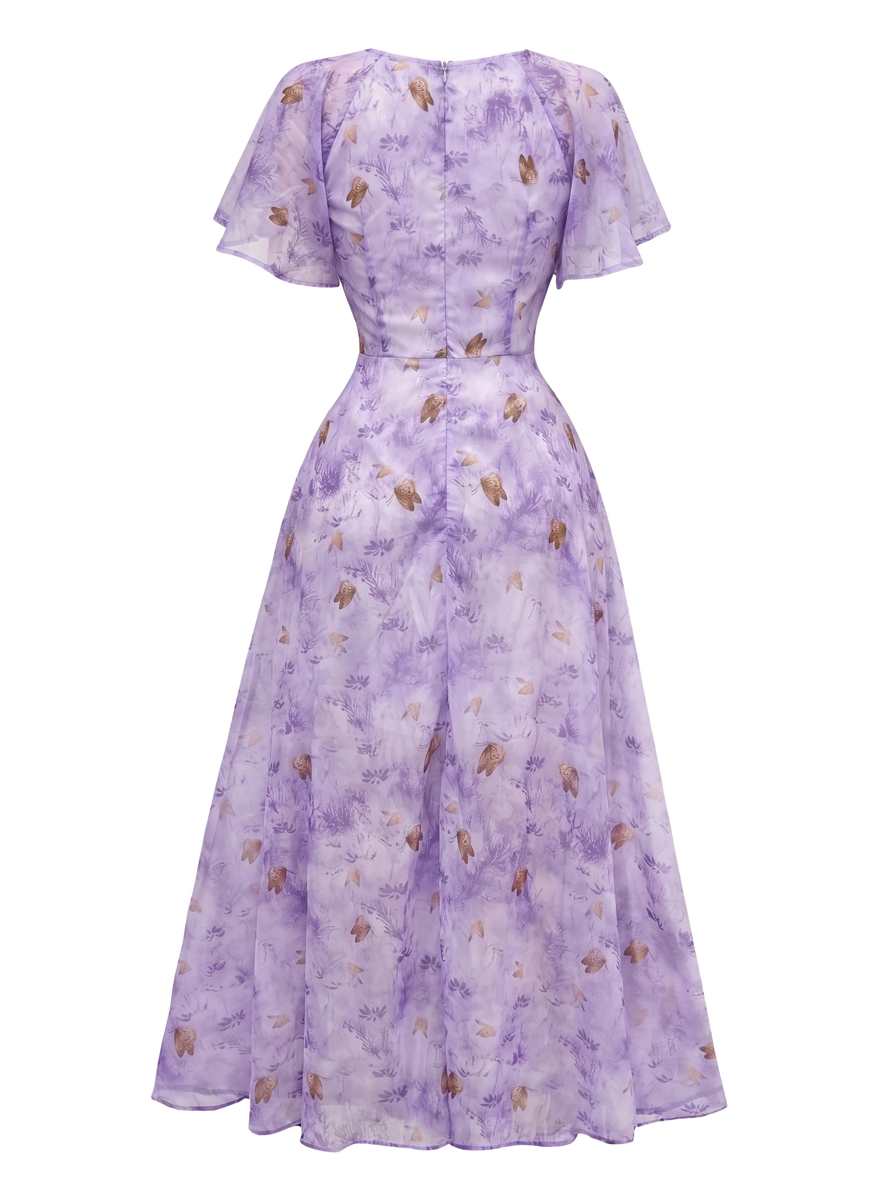 Yellow 1930s Butterfly Flutter Sleeve Chiffon Dress - Image 13