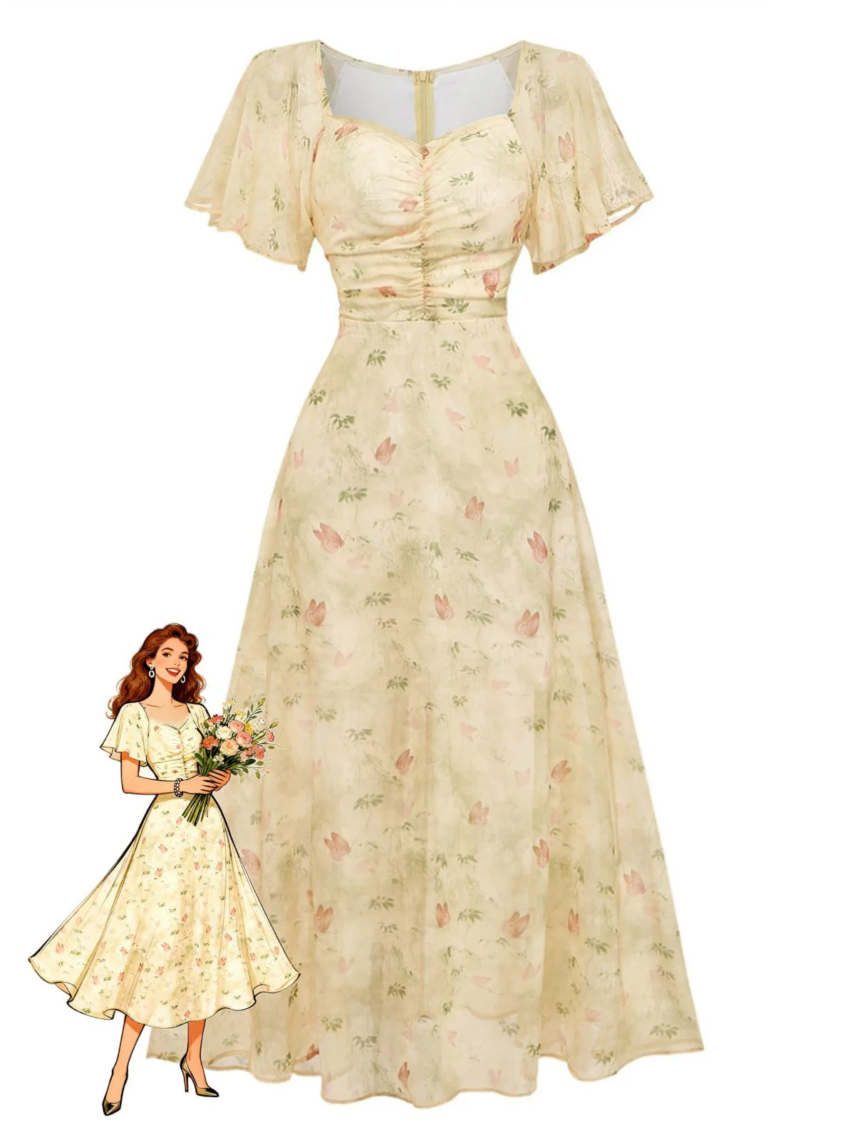 Yellow 1930s Butterfly Flutter Sleeve Chiffon Dress - Image 3