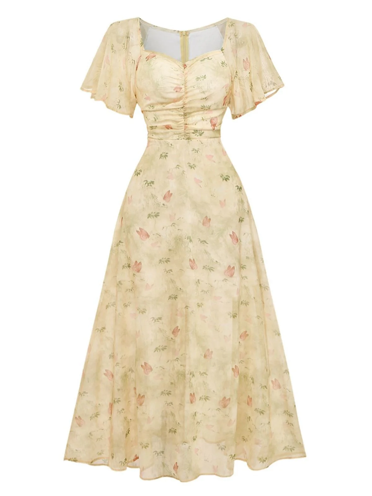 Yellow 1930s Butterfly Flutter Sleeve Chiffon Dress - Image 4