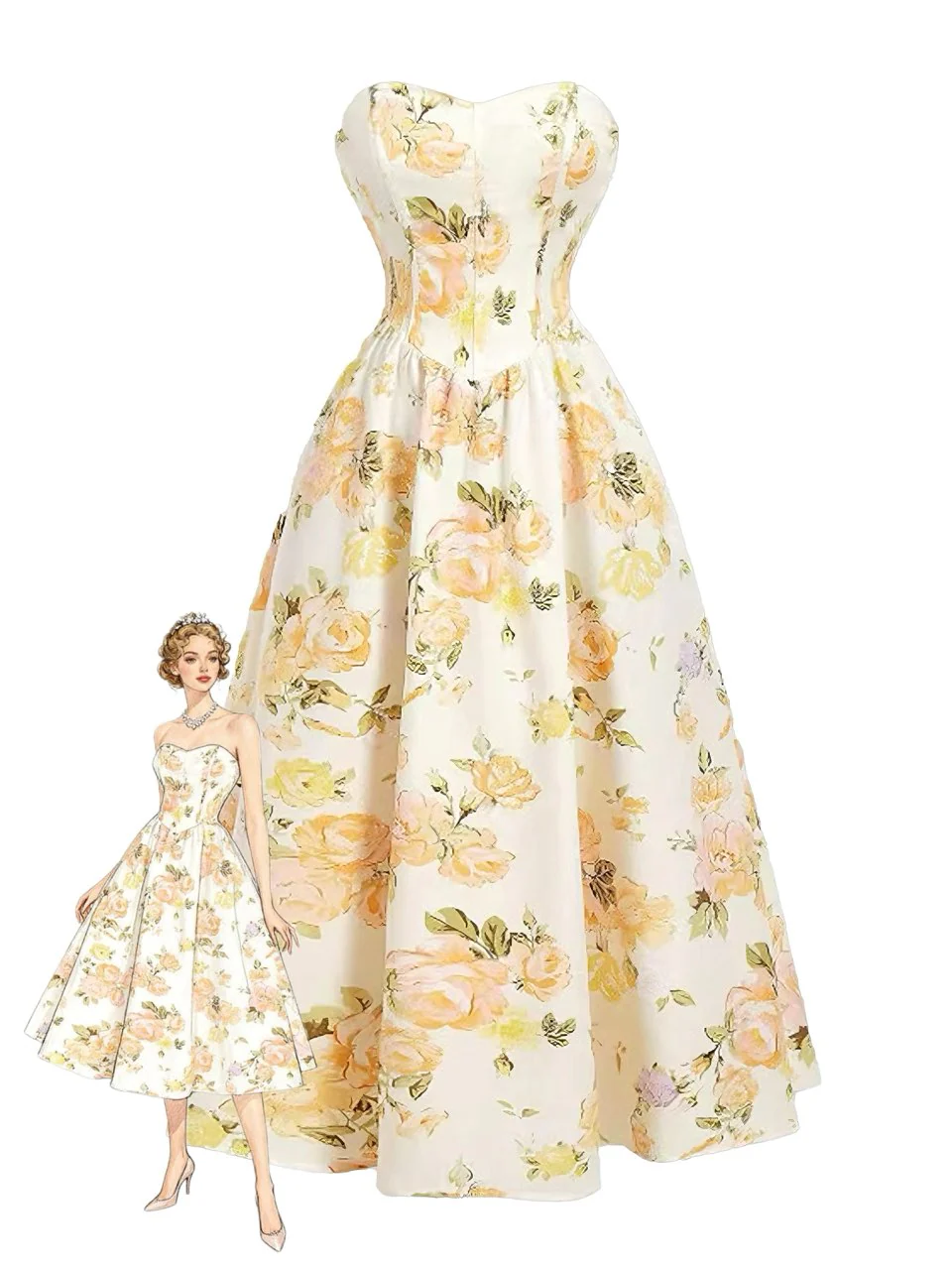 Yellow 1930s Floral Strapless Maxi Dress