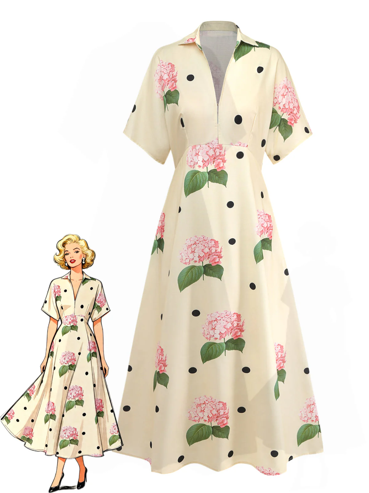 Yellow 1940s Floral V-Neck Long Dress