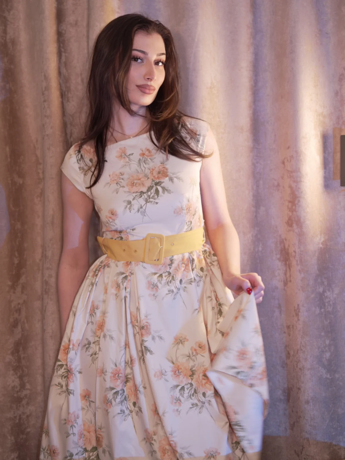 Yellow 1950s Boat Neck Antique Floral Dress