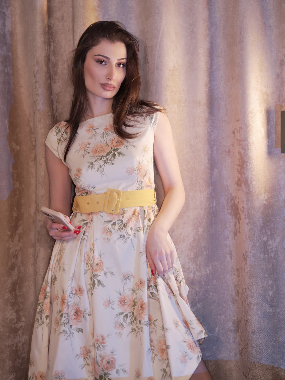 Yellow 1950s Boat Neck Antique Floral Dress - Image 2