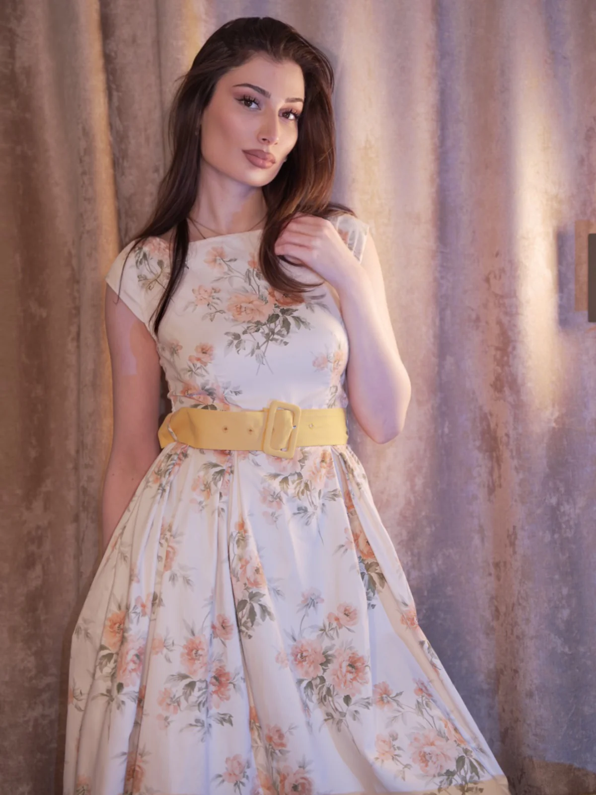 Yellow 1950s Boat Neck Antique Floral Dress - Image 3