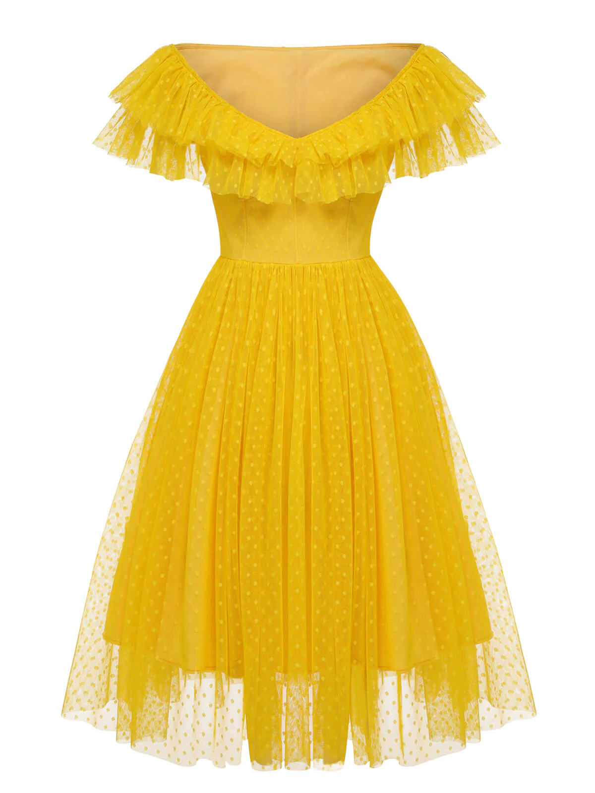 Yellow 1950s Dots Off-Shoulder Mesh Swing Dress - Image 2