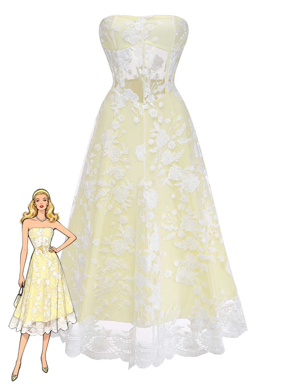 Yellow 1950s Floral Embroidery Lace Sheer Strapless Dress