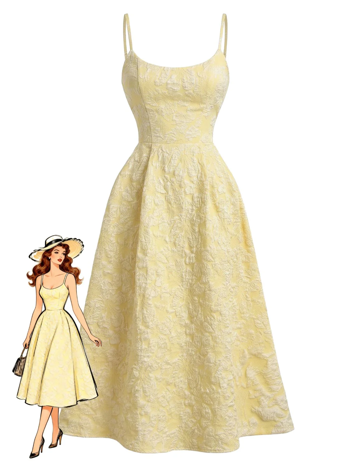 Yellow 1950s Floral Jacquard Textured Spaghetti Strap Midi Dress