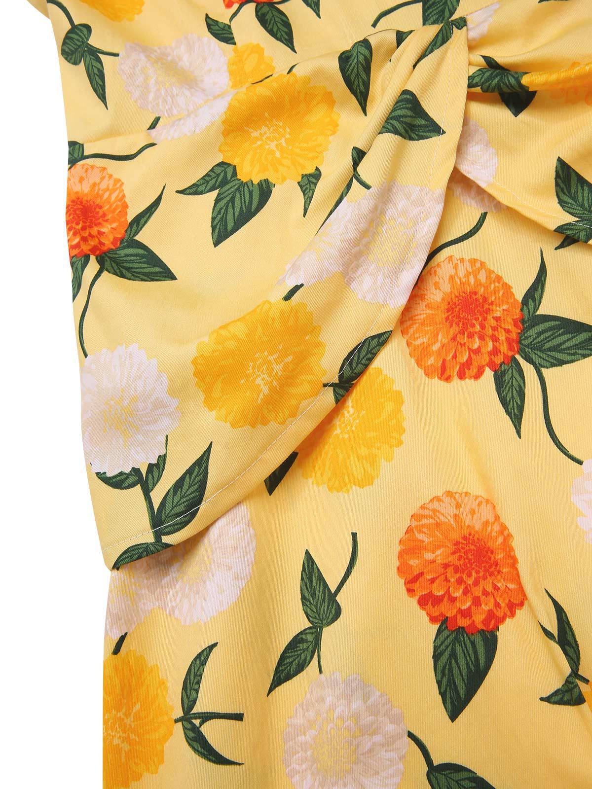 Yellow 1950s Hydrangea Floral Ruched Dress - Image 11