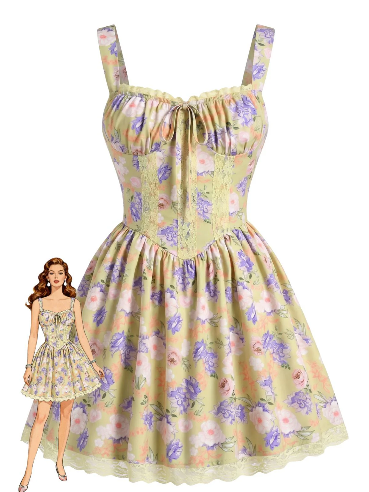 Yellow 1950s Lace Floral Patchwork Mini Dress
