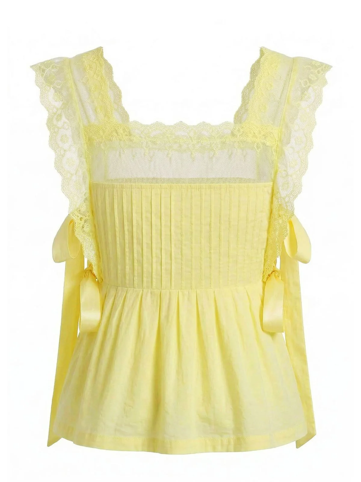 1950s Lace-Trim Bows Pleated Babydoll Top