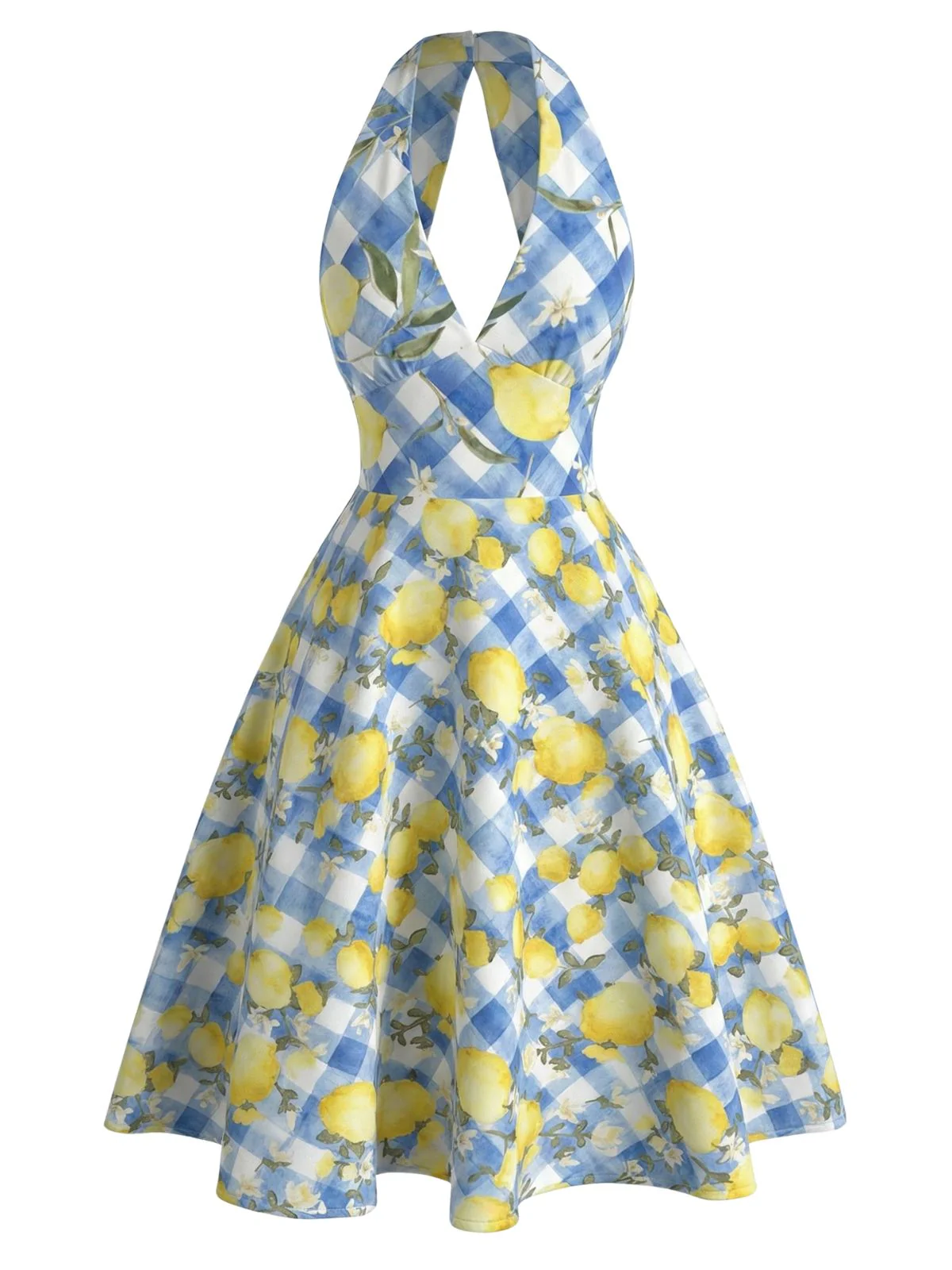 Yellow 1950s Lemon Floral Halter V-Neck Dress
