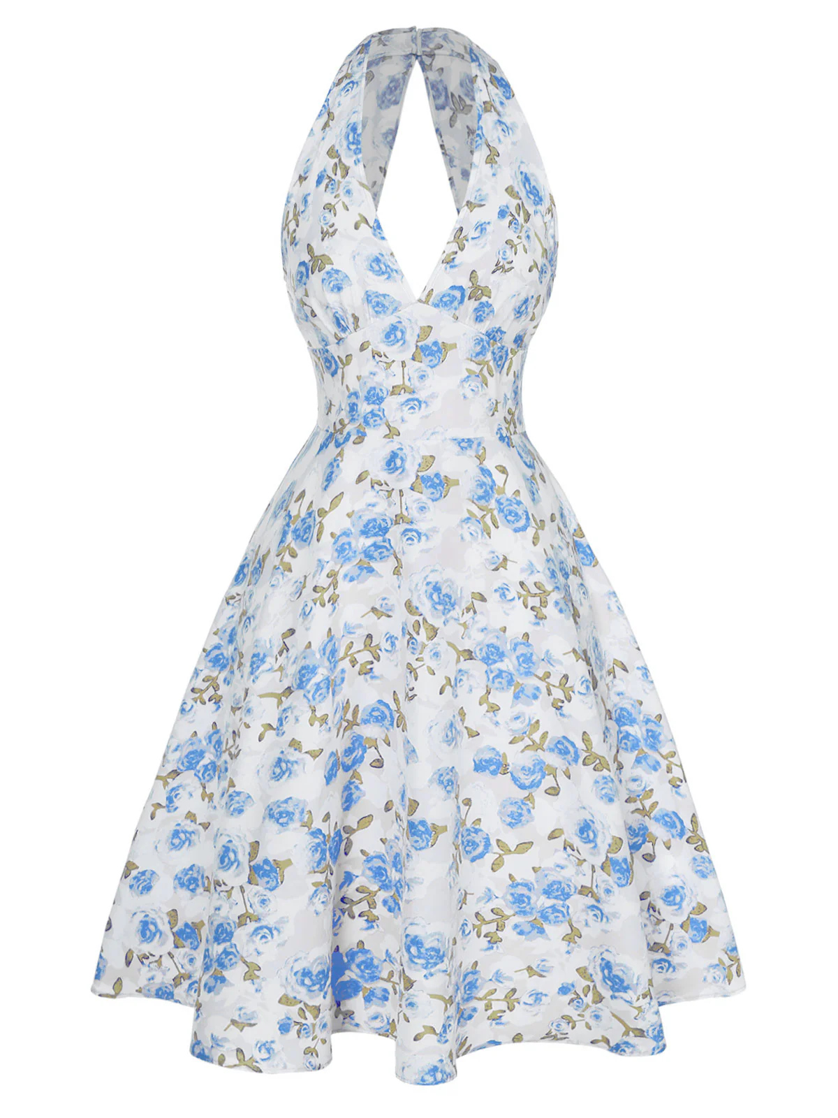 Blue 1950s Floral V-Neck Dress - Image 4
