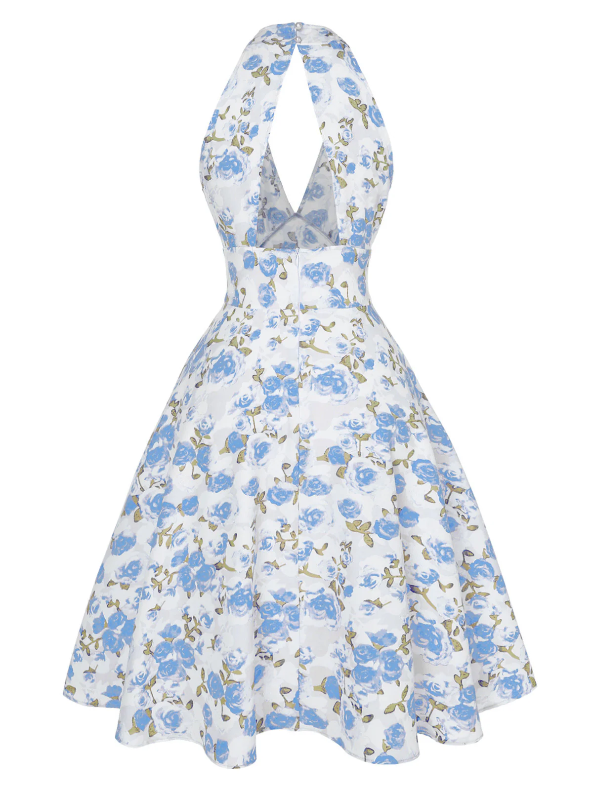 Blue 1950s Floral V-Neck Dress - Image 5