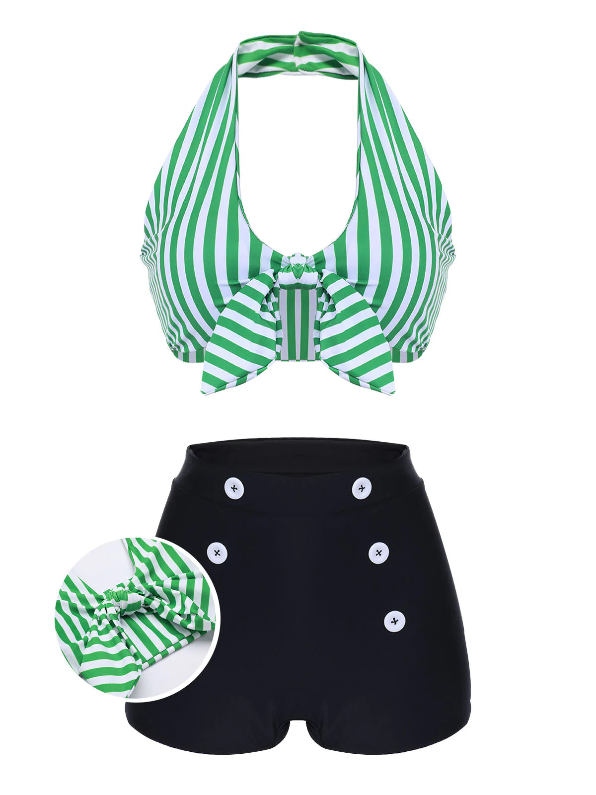 Blue 1950s Retro Halter Stripes Bikini Set - Image 5