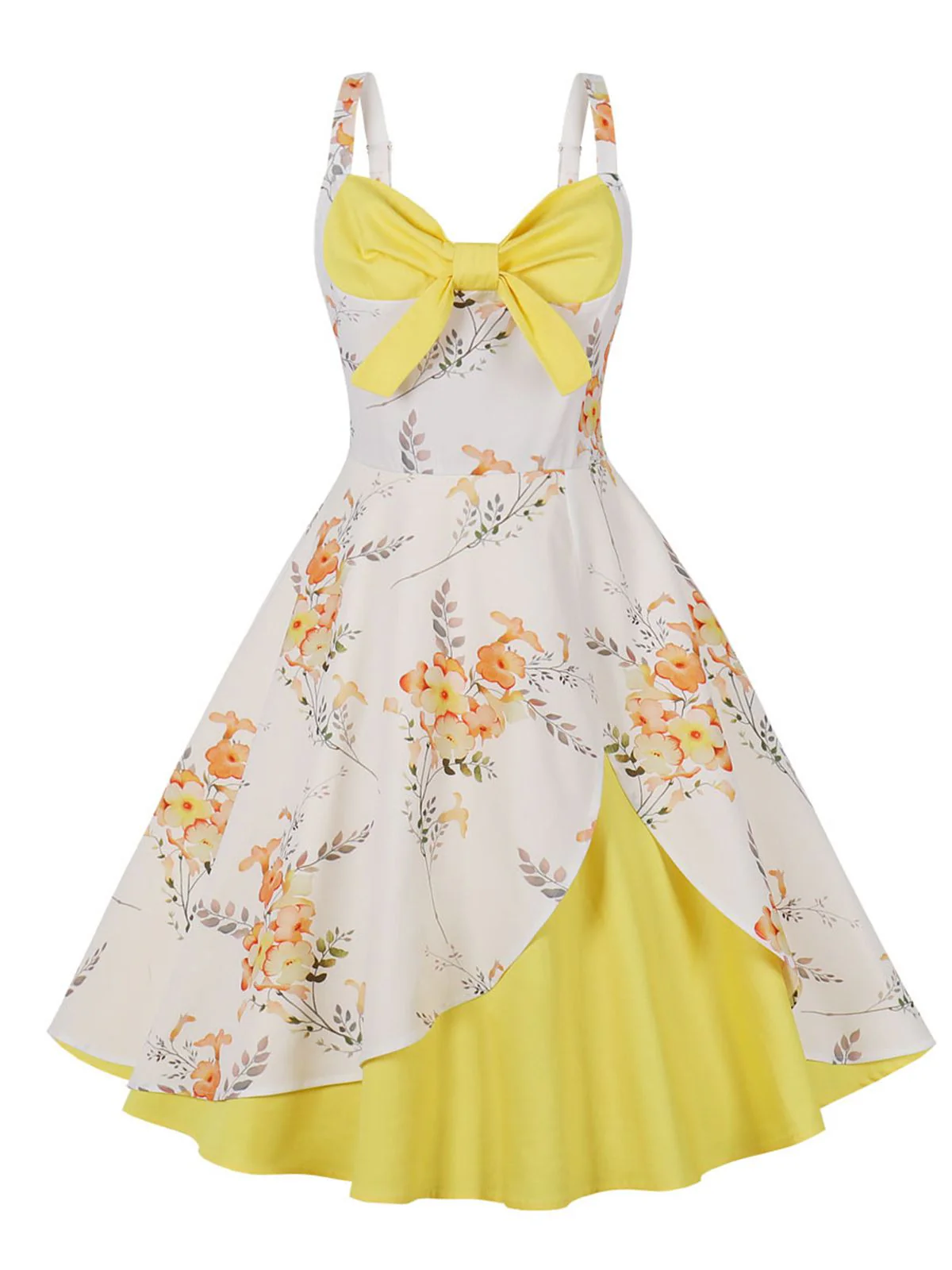 Yellow 1950s Strap Floral Patchwork Contrast Dress