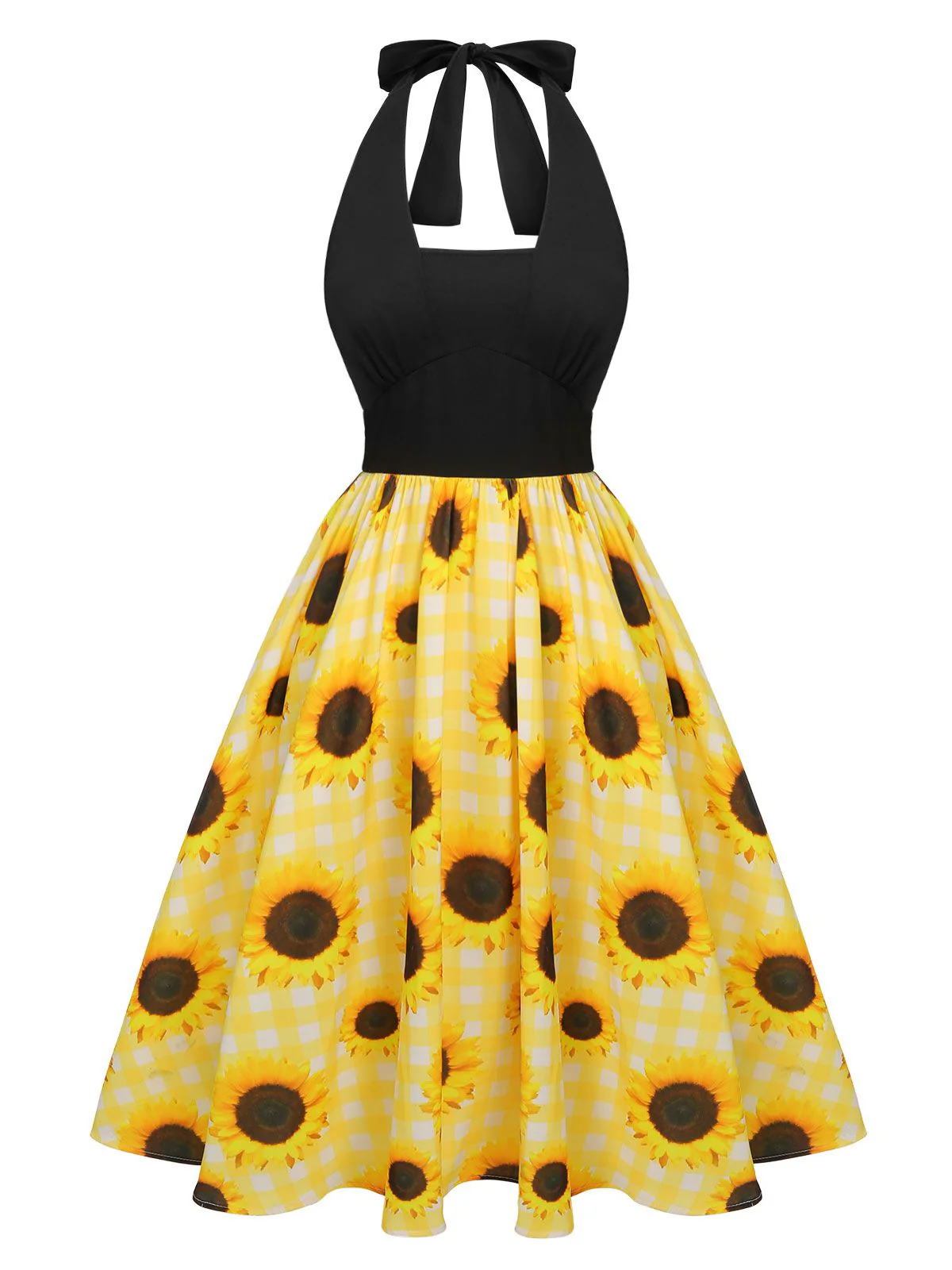 Yellow 1950s Sunflower Plaid Halter Dress - Image 2