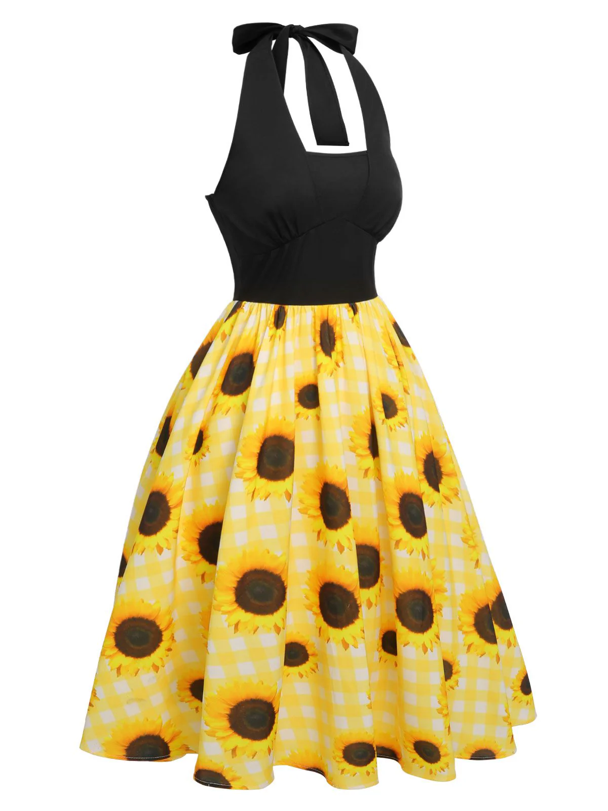 Yellow 1950s Sunflower Plaid Halter Dress - Image 3