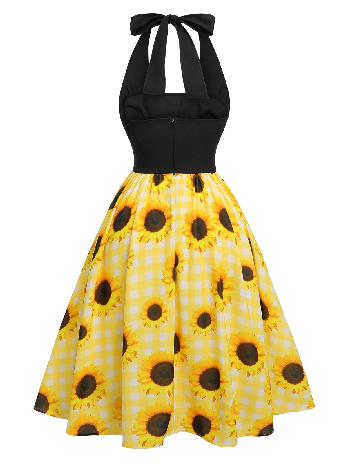 Yellow 1950s Sunflower Plaid Halter Dress - Image 4