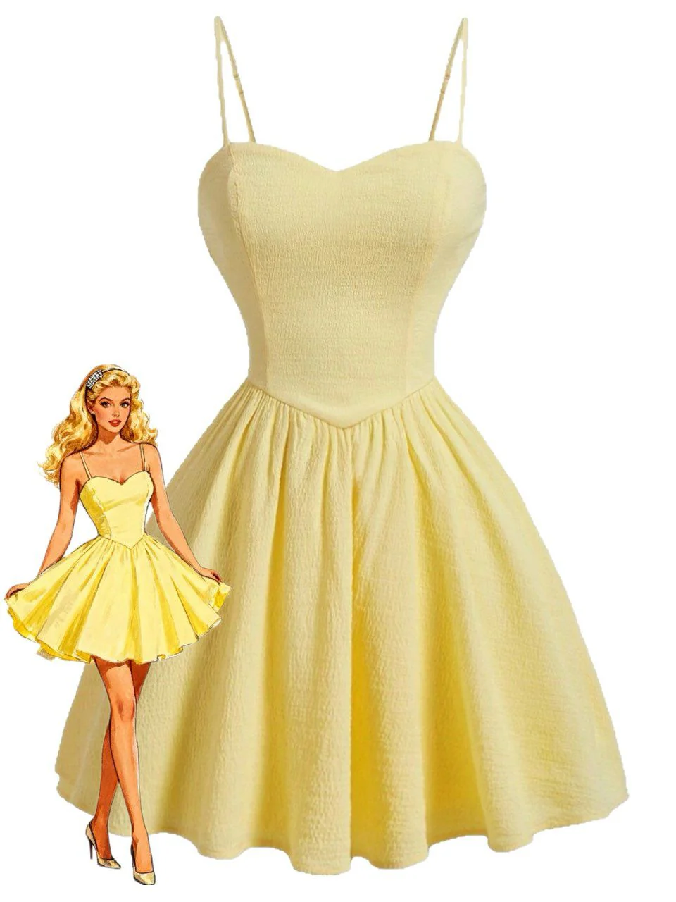 Yellow 1950s Textured Sweetheart Spaghetti Strap Swing Dress