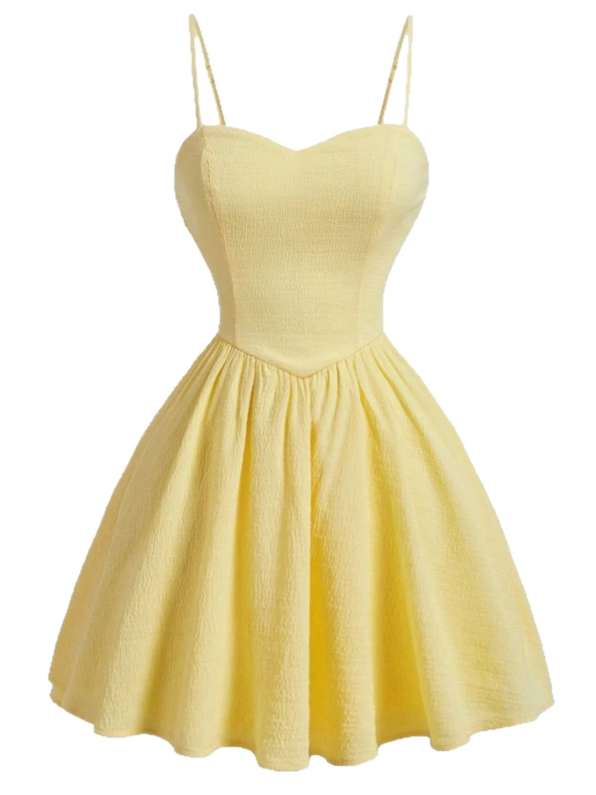 Yellow 1950s Textured Sweetheart Spaghetti Strap Swing Dress - Image 2
