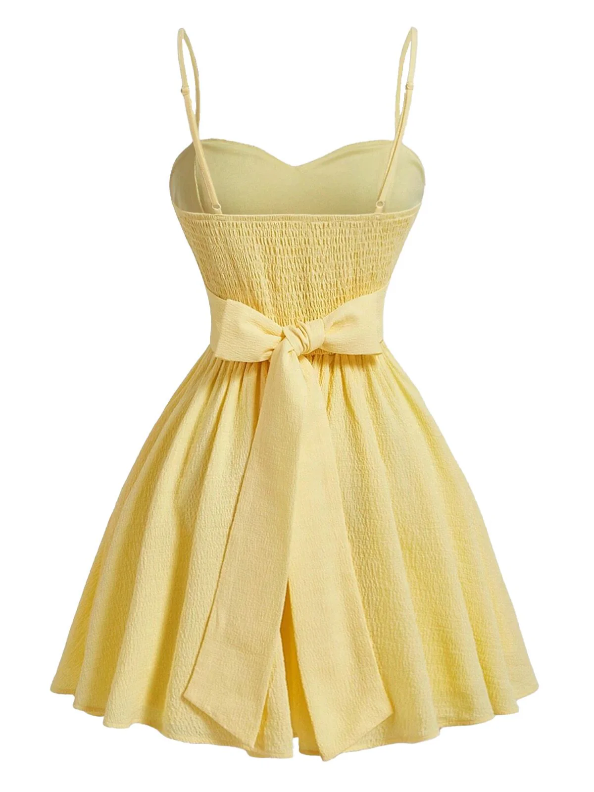 Yellow 1950s Textured Sweetheart Spaghetti Strap Swing Dress - Image 3