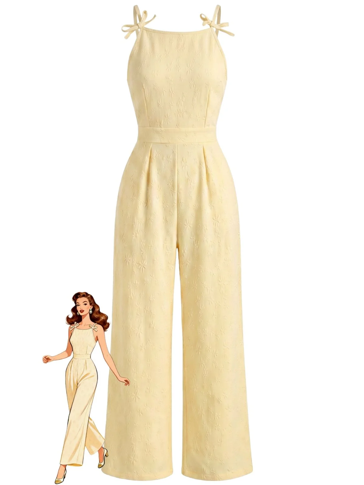 Yellow 1950s Tie-Strap Floral Jacquard Jumpsuit