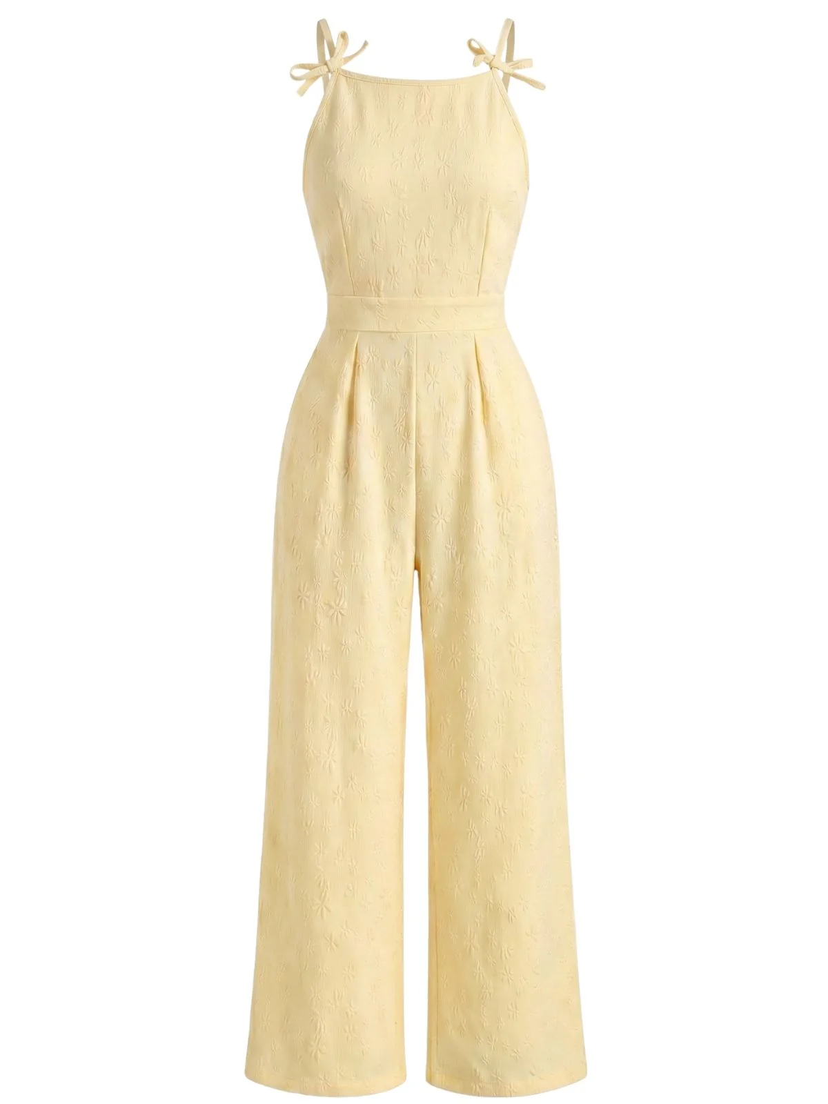 Yellow 1950s Tie-Strap Floral Jacquard Jumpsuit - Image 2