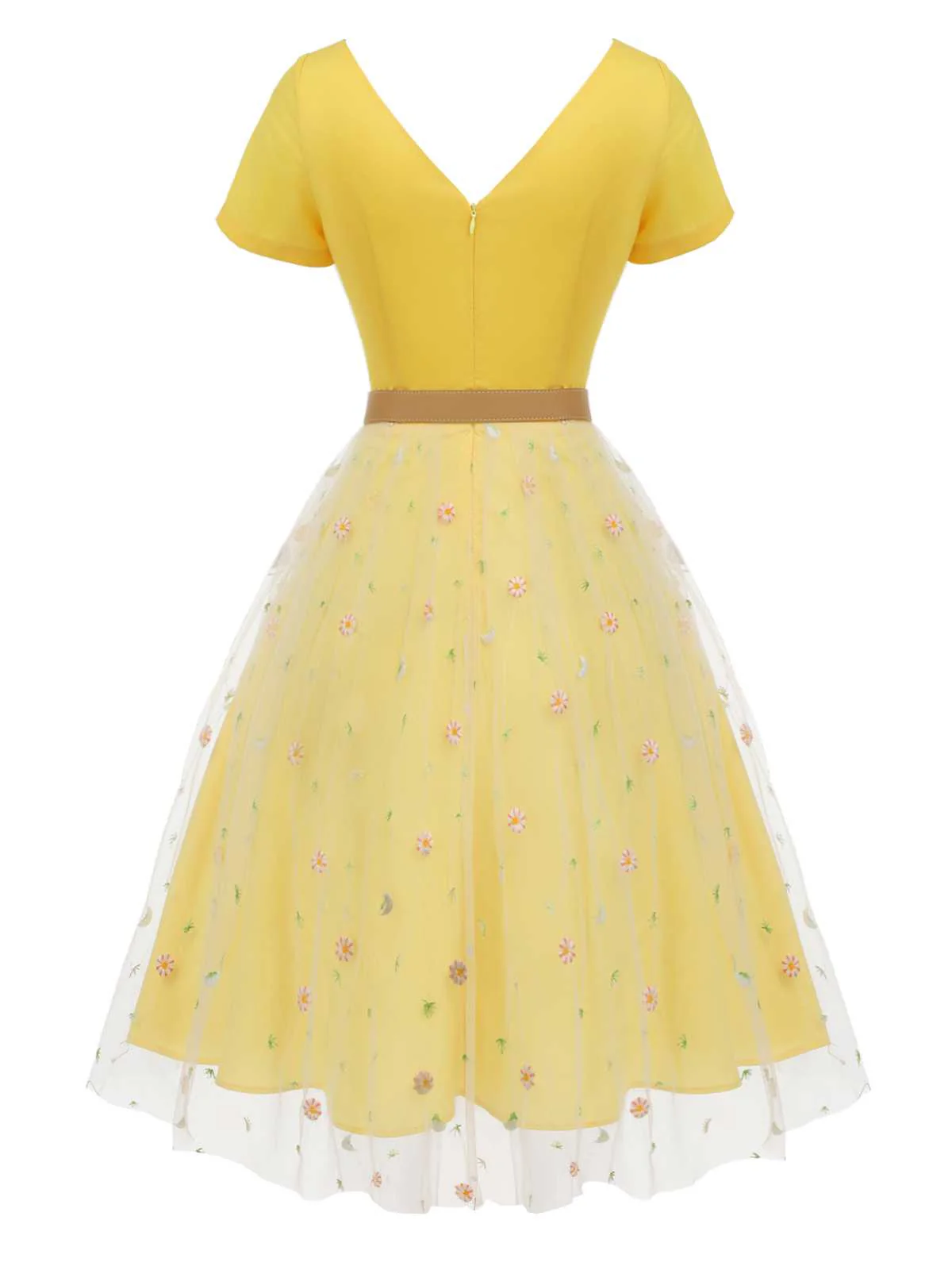 Yellow 1950s V-Neck Daisy Mesh Dress - Image 4