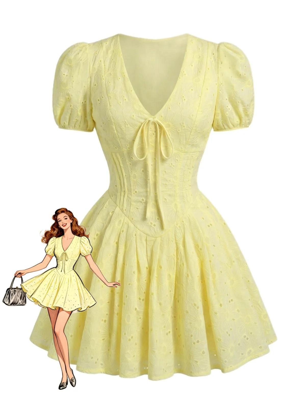 Yellow 1960s Cotton Embroidered Puff Sleeve V-Neck Mini Dress