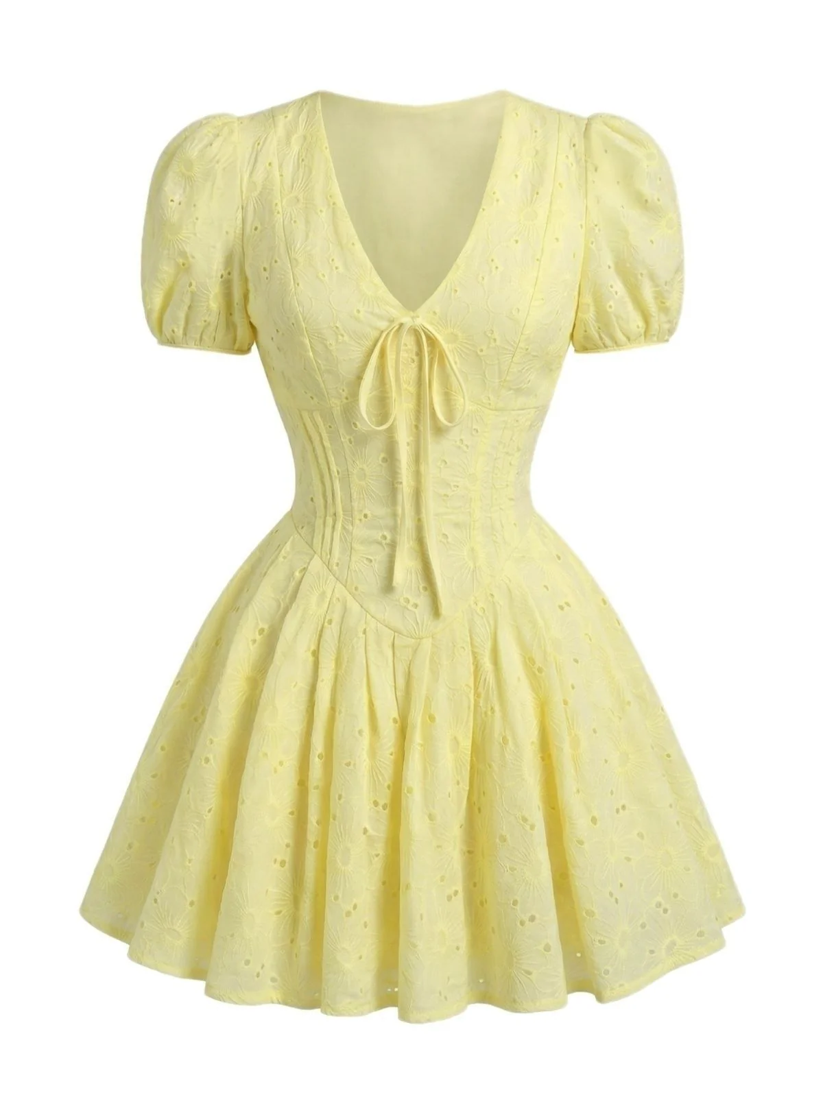 Yellow 1960s Cotton Embroidered Puff Sleeve V-Neck Mini Dress - Image 2