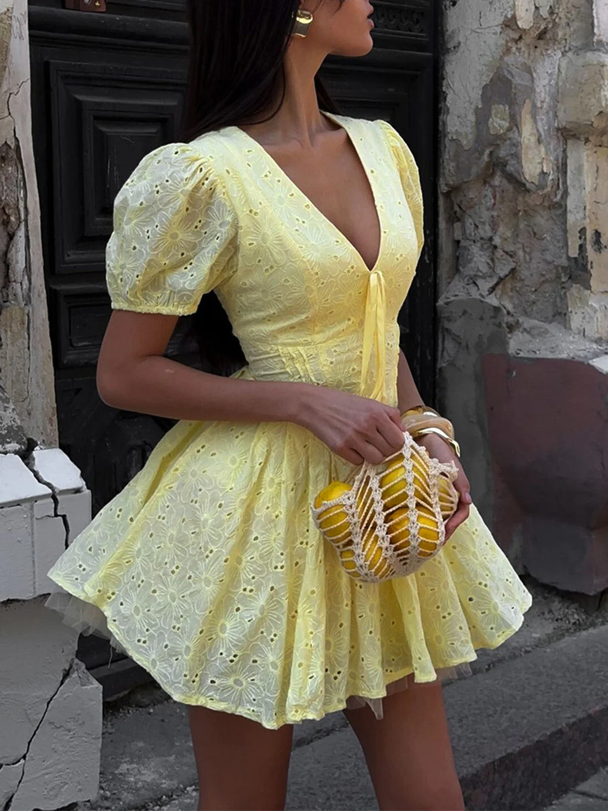 Yellow 1960s Cotton Embroidered Puff Sleeve V-Neck Mini Dress - Image 4